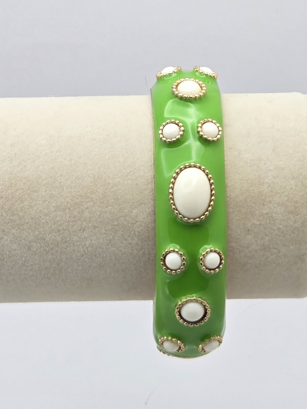 FORNASH Green Enamel Faux Pearl Cabochon Hinged Bangle Bracelet